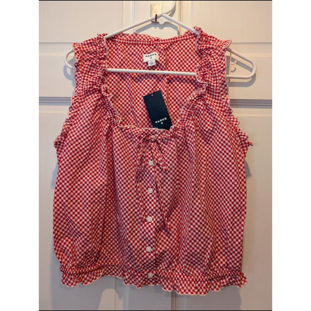 Parke Target New Red Gingham Ruffle-Trim Shell Tank Top Button Front S Tomato G